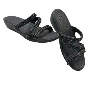 Crocs Sandals Womens 10  Patricia Diamante‎ Wedge Heel Slides Black Sparkles